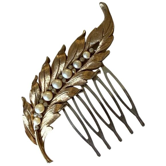 Bridal Vintage Pearl Gold Feather Bridal Comb Rhinestone Wedding Hair Accessory - Picture 3 of 4